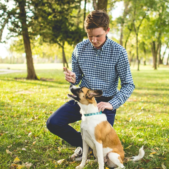 Man giving a treat to his dog