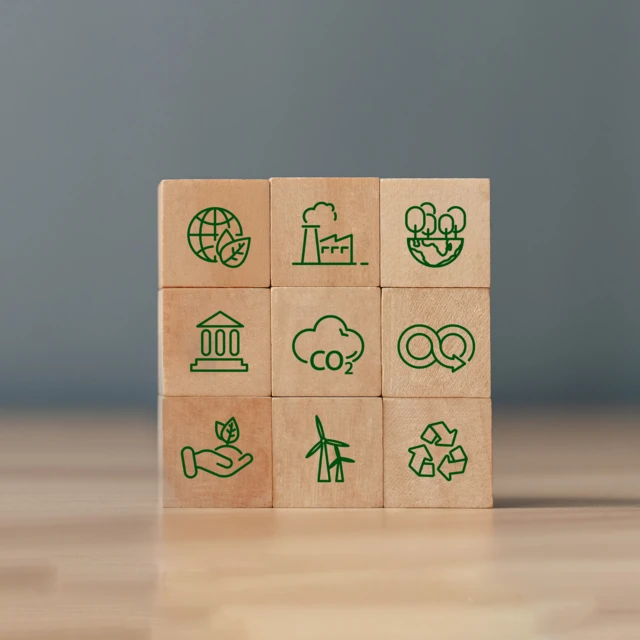 Wooden cube with sustainability icons
