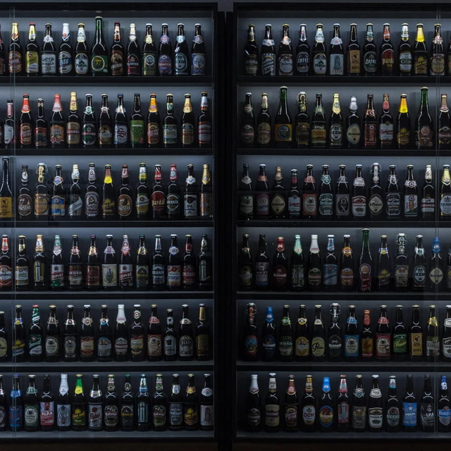 Beer bottles on shelves