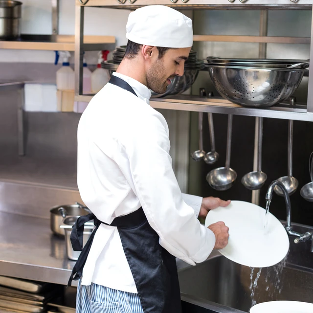 worker hand washing a plate