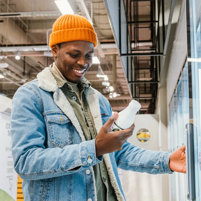 Man holding drinking yogurt