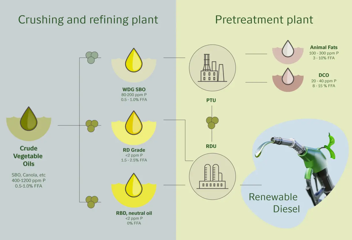 Renewable diesel (HVO) process for pretreatment plant and crushing and refining plant