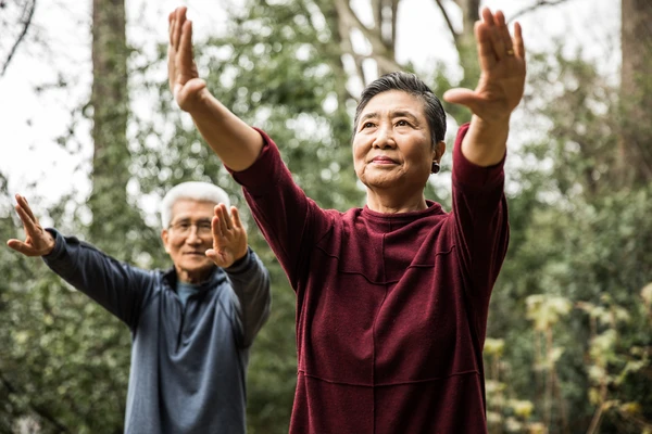 Old couple doing tai chi