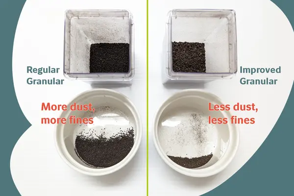 comparison of improved granular TagTeam BioniQ showing less dust 